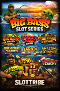 Promotional graphic for the Big Bass Slot Series by SlotTribe. The image shows a cartoon fisherman holding a golden fish marked “$120.00,” surrounded by bright water, coins, and multipliers. Across the top, bold 3D text reads “BIG BASS SLOT SERIES.” Below it are colorful logos for eight Big Bass games — Big Bass Bonanza, Bigger Bass Bonanza, Big Bass Splash, Hold & Spinner Megaways, Floats My Boat, Amazon Xtreme, and Christmas Catch. The background mixes tropical and snowy fishing scenes, with jumping fish and palm trees. At the bottom, the tagline says “ALL THE FISH. ALL THE FEATURES. ALL THE CARNAGE.” and the SlotTribe logo appears in metallic white.