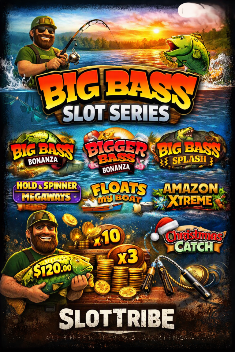 Promotional graphic for the Big Bass Slot Series by SlotTribe. The image shows a cartoon fisherman holding a golden fish marked “$120.00,” surrounded by bright water, coins, and multipliers. Across the top, bold 3D text reads “BIG BASS SLOT SERIES.” Below it are colorful logos for eight Big Bass games — Big Bass Bonanza, Bigger Bass Bonanza, Big Bass Splash, Hold & Spinner Megaways, Floats My Boat, Amazon Xtreme, and Christmas Catch. The background mixes tropical and snowy fishing scenes, with jumping fish and palm trees. At the bottom, the tagline says “ALL THE FISH. ALL THE FEATURES. ALL THE CARNAGE.” and the SlotTribe logo appears in metallic white.
