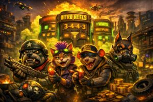 Nitropolis slot series artwork featuring animal gang characters, Nitro Reels, neon explosions, and a dystopian ELK‑style city.
