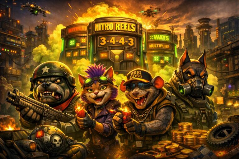 Nitropolis slot series artwork featuring animal gang characters, Nitro Reels, neon explosions, and a dystopian ELK‑style city.