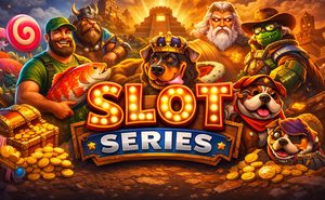 Banner image for SlotTribe’s Slot Series hub showing the bold title “SLOT SERIES” in glowing gold and blue letters surrounded by characters from popular slot families — a fisherman with a big catch, a Viking, a royal dog wearing a crown, a Greek god, and other themed figures — set against a mix of jungle temple, candy land, and desert backgrounds with scattered gold coins.