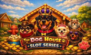 Card image for The Dog House Slot Series showing cartoon dogs outside a golden‑roofed kennel. A crowned Rottweiler sits in the center, flanked by a cowboy pug, a tiara‑wearing Pomeranian, and a dachshund in sunglasses. Gold coins, bones, and a red fire hydrant fill the foreground under a bright blue sky.