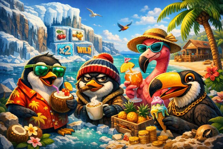 Tropicool slot series artwork featuring penguins, flamingo, and toucan enjoying tropical drinks on an icy beach with slot reels and frozen symbols.